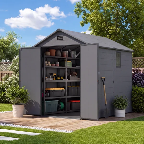 6x8_plastic_shed_with_windows_dark_gray_scene Patiowell 6x8 ft Plastic Shed with Vent, Window & Sloped Roof, Dark Gray