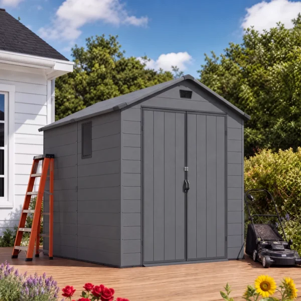 6x8_plastic_shed_with_windows_dark_gray_scene2 Patiowell 6x8 ft Plastic Shed with Vent, Window & Sloped Roof, Dark Gray