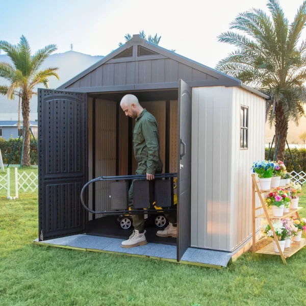 Kick-it 8x6 Plastic Storage Shed with Floor, Gray & Beige