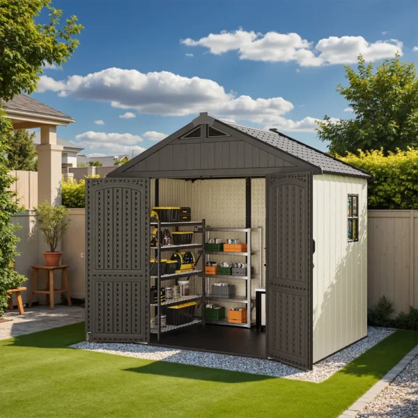 Kick-it 8x6 Plastic Storage Shed with Floor, Gray & Beige